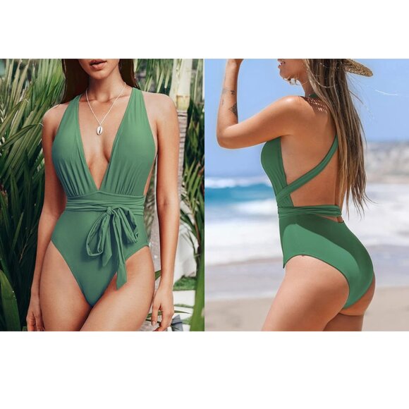 CUPSHE {NWT} One Piece Criss Cross Deep V Swimsuit | Medium | Basil Green - Picture 1 of 9
